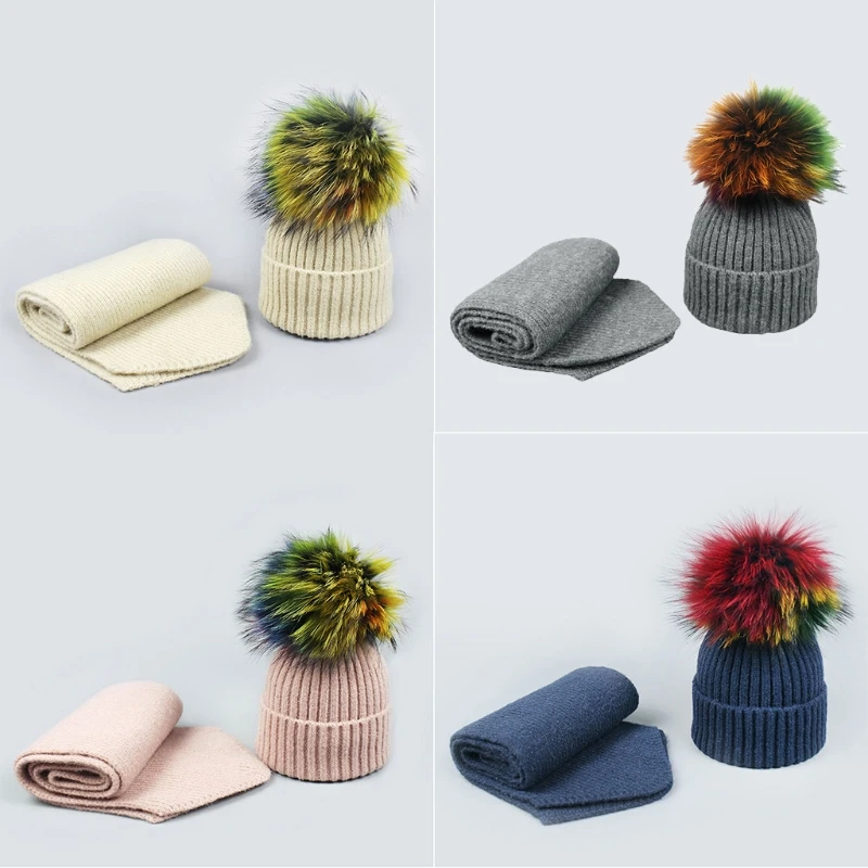 

Kids Winter Knitted 2 Piece Beanie Hat Long Scarf Set Colorful Fluffy Pom Pom Toddler Cuffed Skull Neck Warmer P8DB