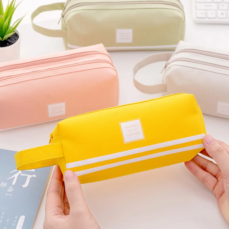 Large-capacity canvas Korea simple storage bag pencil cute creative student double-layer stationery box school supplies | Канцтовары для