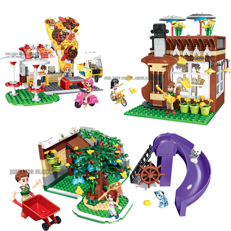 

2021 City Street View Violin Shop Garden Pizza House blocks for children's birthday gifts