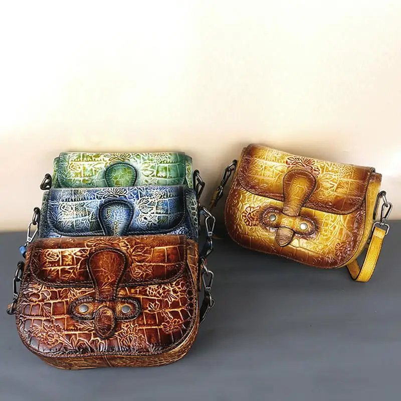 

2021 New Retro Genuine Leather Women Bag Chinese Style Embossed Shoulder Messenger Bags Hand Painted Lady Small Bag