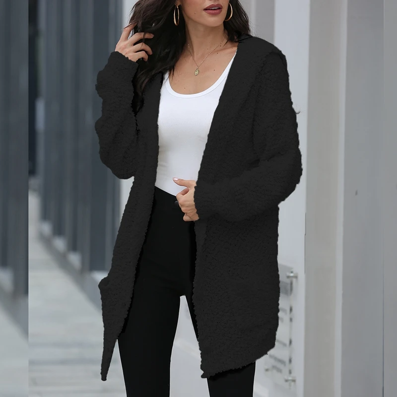 

Women's Loose Solid Color Hooded Cardigan Jacket Spring and Autumn Long-Sleeve Open Front Knitted Outerwear