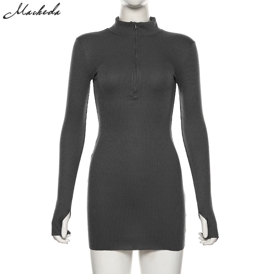 

Macheda Autumn Winter Stretch Slim Soft Ribbed Knitted Turtleneck Dress Woman Fashion Solid Black Casual Bodycon Zip Dress
