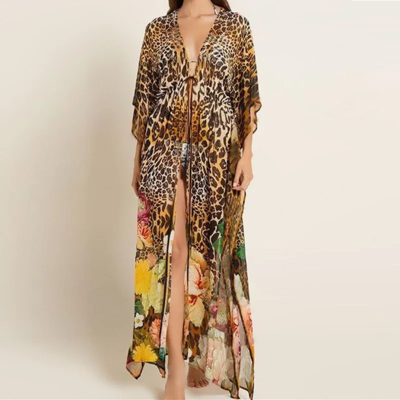 

2021 New Leopard Printing Bikini Cover Up Sexy Loose Tunic Beach Dress Women Pareo Long Chiffon Cardigan Beach saida de praia