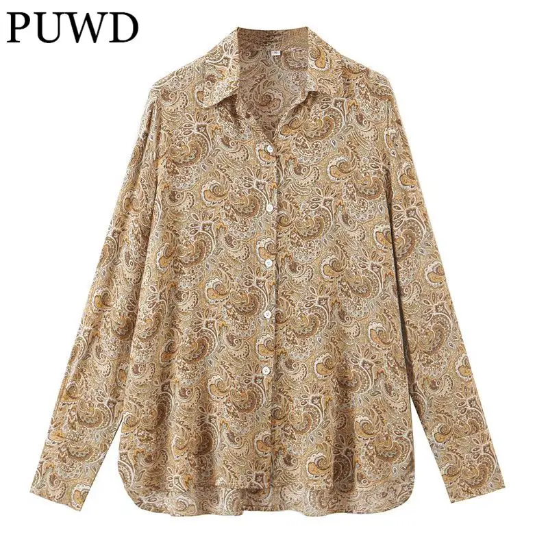 

PUWD Casual Women Turn-down Collar Blouse 2021 Autumn Fashion Ladies High Street Straight Shirt Female Print Shirt Top