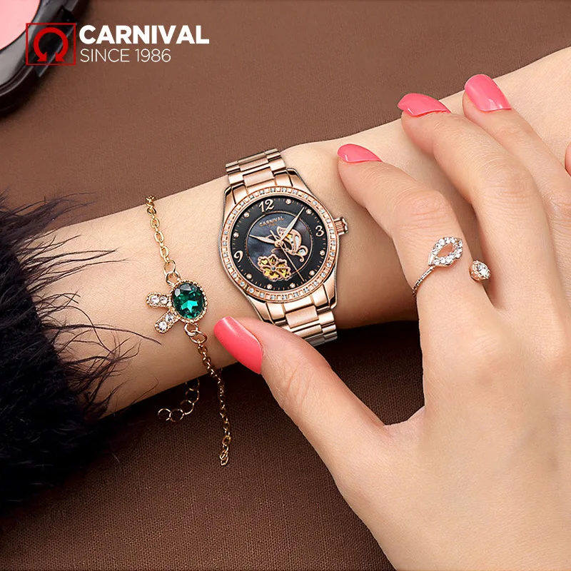 Reloj Mujer, карнавальные автоматические часы для женщин, модные механические Женские наручные часы, розовое золото, роскошный бренд, часы с скелетом