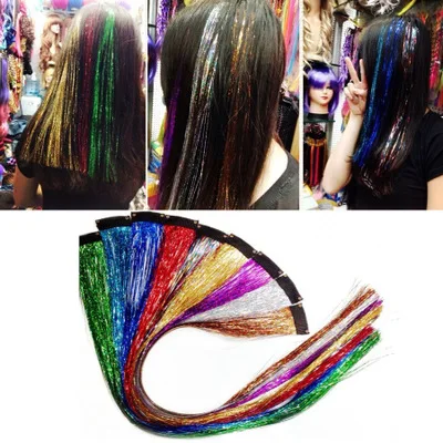 

100cm/37inch 120Strands/Pcs Hair Tinsel Bling 14 Colors Hairstyling Sparkle Shiny Hair Tinsel Rainbow Silk Extensions