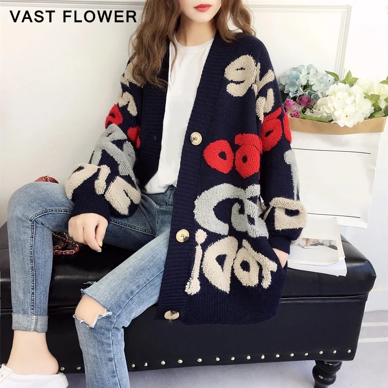 Letter Pattern Knitted Sweater Women Winter New Korean Oversized Long Sleeve Single Breasted Thick Fashion Loose Cardigan 2021