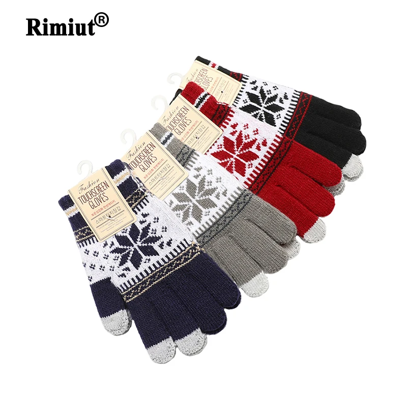 Зимние теплые перчатки Rimiut для женщин и мужчин эластичные вязаные со снежинками