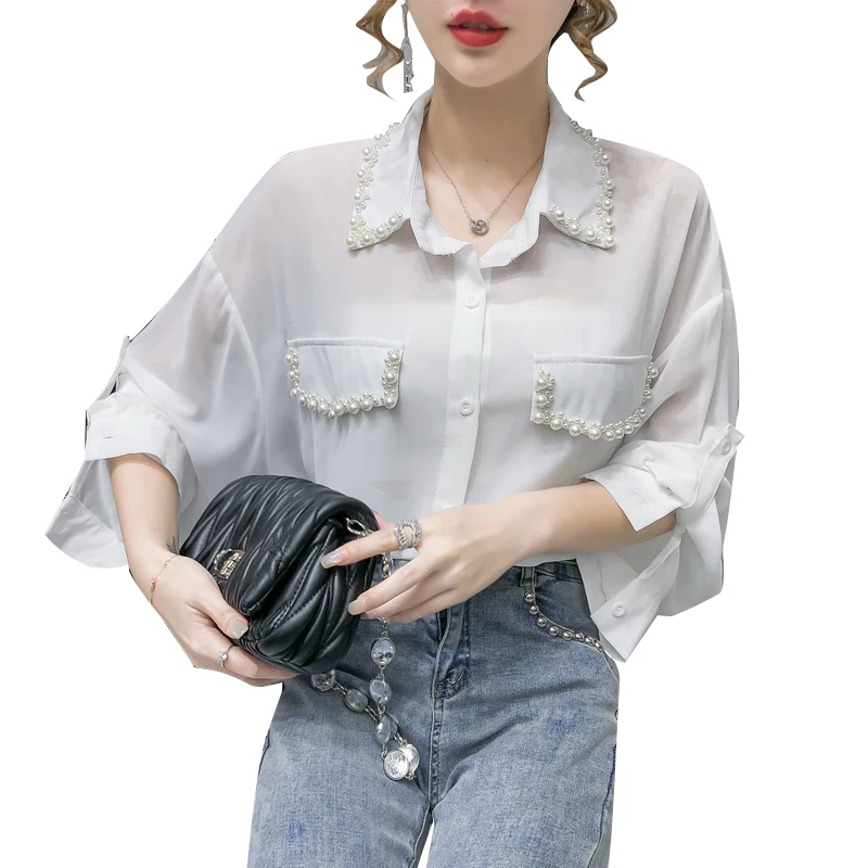 

2020 autumn new beading blouse korean design women OL retro shirt long sleeve chiffon blouses with pockets female