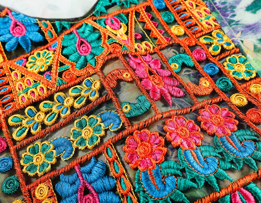 

Beach Holiday Dress Summer New Three Quarter Sleeve V-Neck High Waist Embroidery Flower Print Bohemian Vintage Maxi Dress