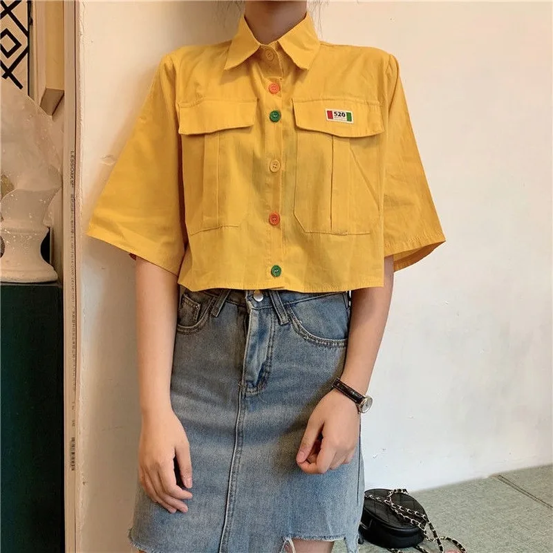 

Women's Shirt Short Sleeve Harajuku Summer Vintage Kawaii Blouse Soft Girls Korean Style Button Up Yellow White Crop Top