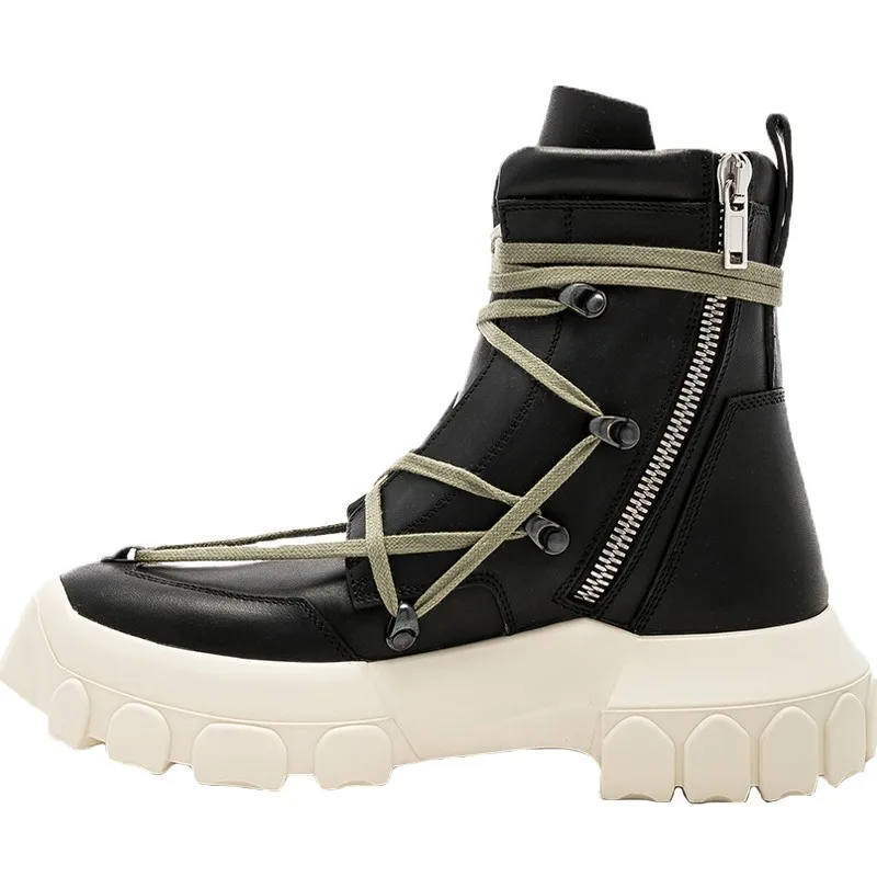 Мужские высокие ботинки из натуральной кожи черные кроссовки на платформе со