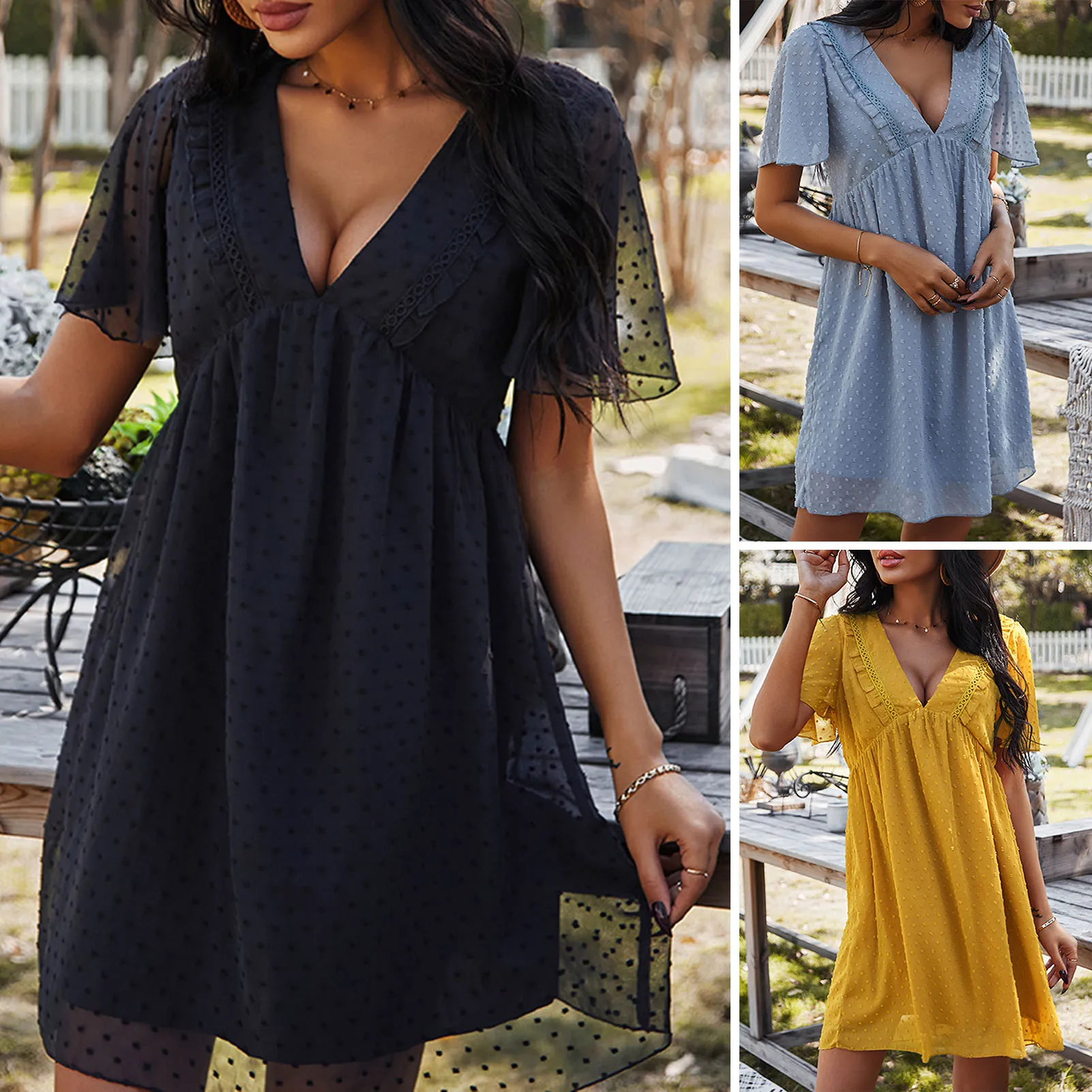 

Anself Women's Dress Summer Deep V-Neck Ruffled Short Sleeve High Waist Dots Loose Fit Elegant Solid Casual Woman Mini Dress
