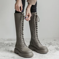 high quality microfiber knee high boots women platform chunky heels shoelace brand designer shoes casual motorcycle longg boots