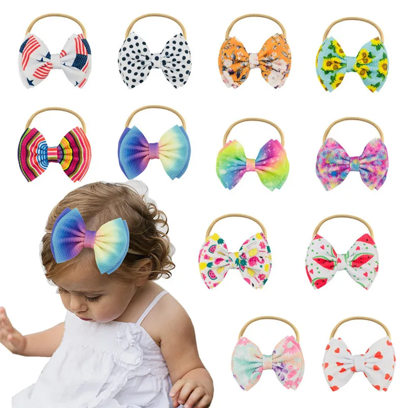 

15Pcs/Lot Newborn Baby Girls Printing Bow Knot Khaki Nylon Elastic Headband Kid Hairbands Children Headwear Fashion Photo Props