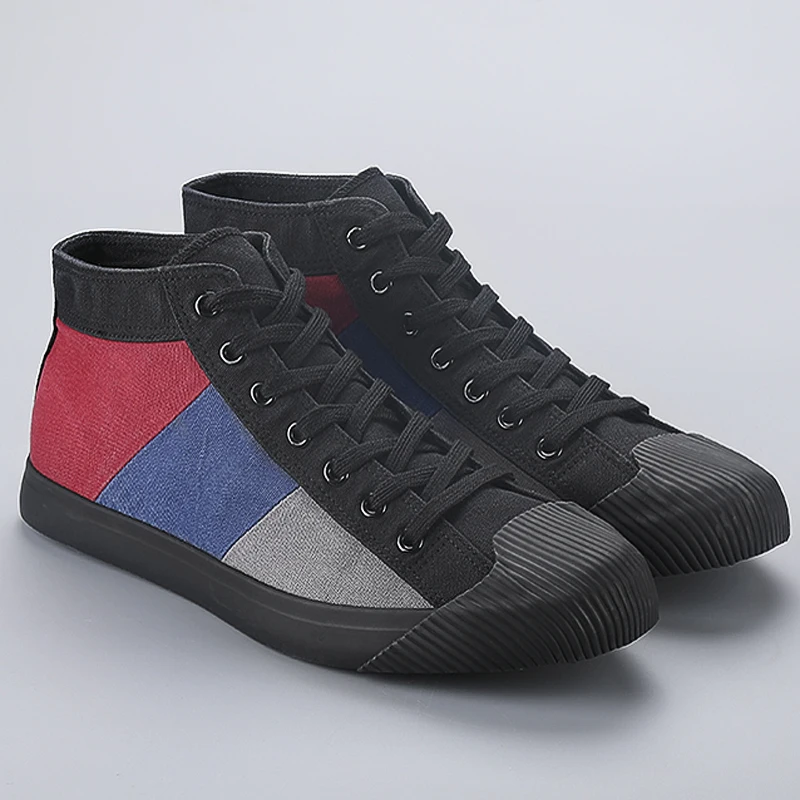 

2020 Fashion Men's Vulcanize Shoes High Top Canvas Sneakers For Men Breathable Mixed Color Casual Shoes Trend Comfortable Flats
