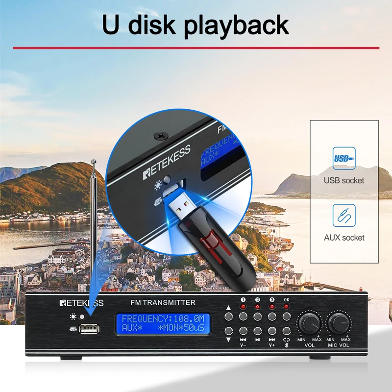 RETEKESS TR510 для привода церкви fm-передатчик трансляции поддержка AUX/MIC/Bluetooth/USB привод