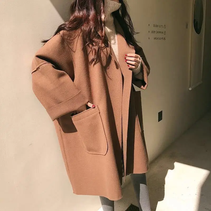 

Woolen Trench Coat Women Loose Mid-length Woolen Coat Plus Size Women's Autumn and Winter Korean Version of The Fat Sister Coat