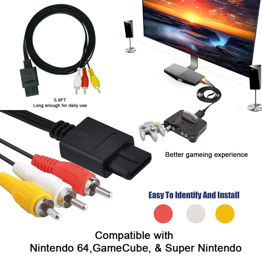 N64 tv S Video av кабель для RCA 1 8 м видео аудио Кабельный адаптер Шнур nintendo 64 супер SNES