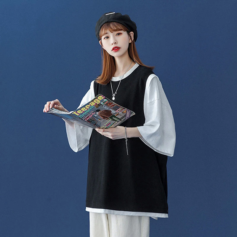 

Summer Fake Two Tank Top Short Sleeve Men Tshirts Twice Hit Color Loose Fashion Sports Gym Clothing Korean Woman Oversized Punk