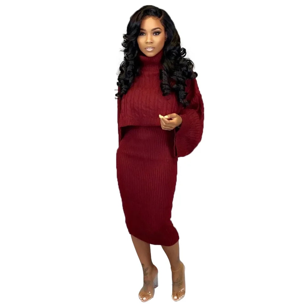 Wine Red Autumn Winter Knitted Sweater Two Piece Set Turtleneck Long Sleeve Loose Crop Top+ Bandage Midi Tank Dress Plus Size Tracksuit - Цвет: Wine Red
