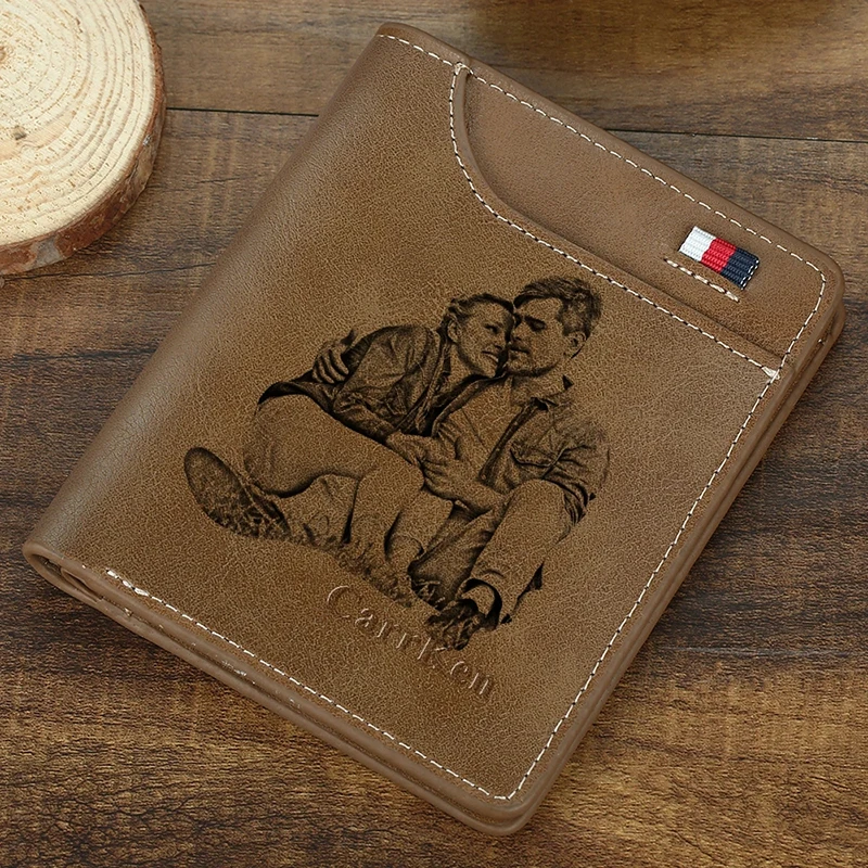 Customized Picture Carving Wallet Men Short Leather Mini Retro Vertical Thin Wallet Multi-Card Position Personality Gift