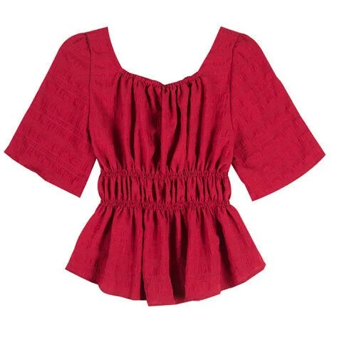 

Vangull New Retro Women Spring Shirts Solid Color Half Sleeve Square Collar Slim Blouses Tops Fashion Ladies Ruffle Shirts 2019