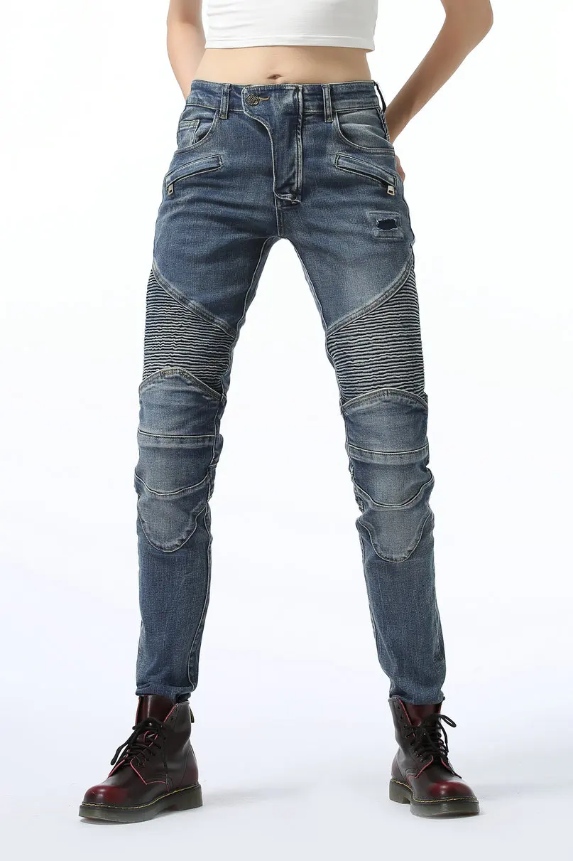 Один Цвет Для женщин Slim Fit Мотоцикл Джинсы для езды прикрепляющийся к мотоботы