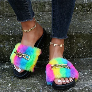 2021 Popular Summer Women Slippers Outside Casual Metal Chain Rainbow Faux Fur Thick Soled Flat Slippers Female Slides Sandals