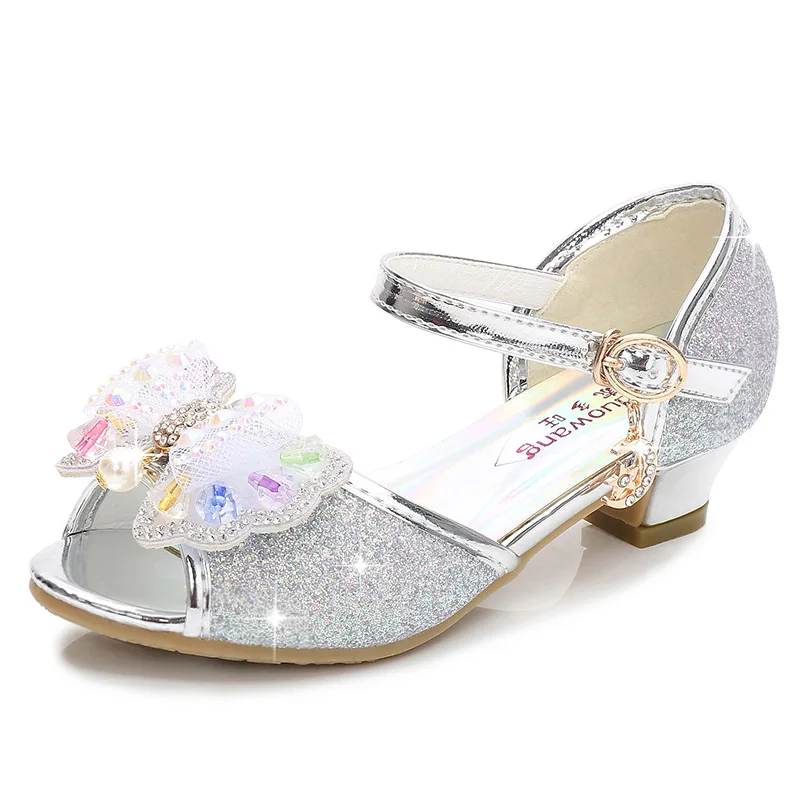 

Kids Girls Cinderella Princess Sandal Women Crystal Bowtie Peep Toe High Heel Dancing Pearl Pumps Children Wedding Glitter Shoes
