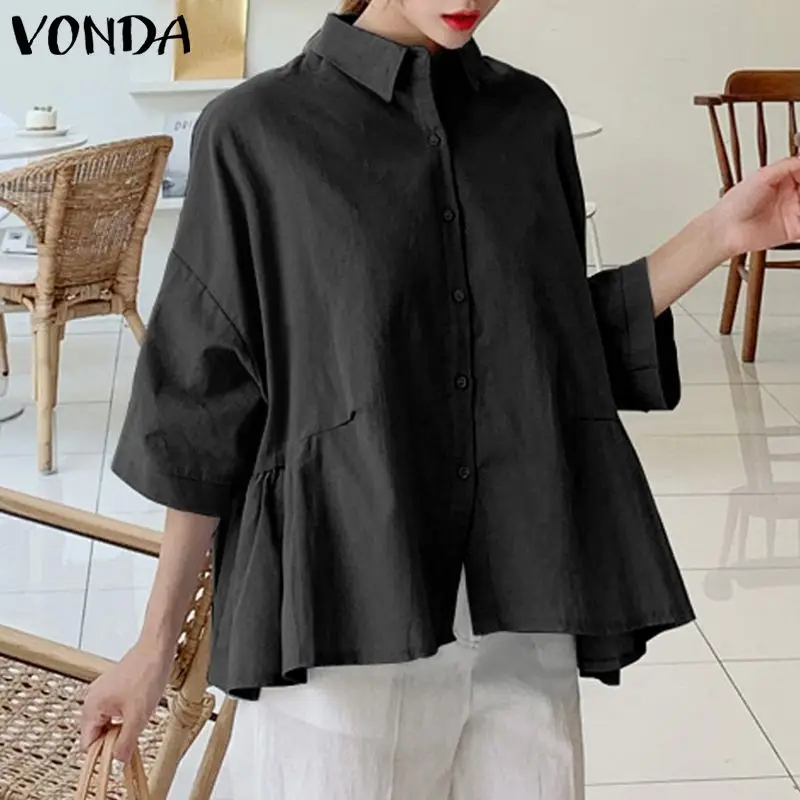 

Plus Size Women Long Sleeve Tunic Casual Lapel Button Blouse Shirts 2021 VONDA Casual Baggy Pleated Tops Femme Blusas Femininas