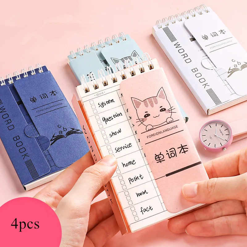 

4 Pcs Creative Stationery Notepad English Word Coil Book Cartoon Cat Vocabulary Travel Diary Notebook Hand Memo Book