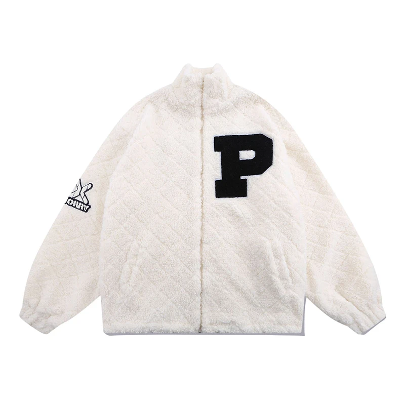 

Hip Hop Men Wool Jacket Winter New Letter Print Loose Stand Collar Zipper Pockets Jacket Fashion Brand Casual Cardigan Coat