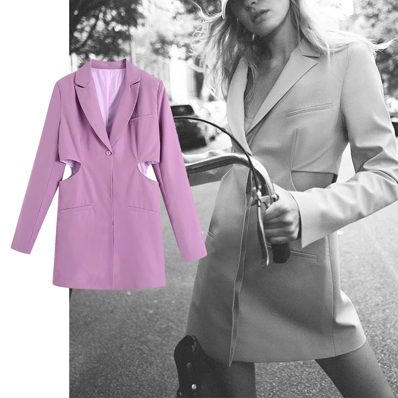

Za Dress Women Hollow Out Design Blazer Style Dress Long Sleeve Elegant Office Lady Mini Dresses Vestidos BB4143