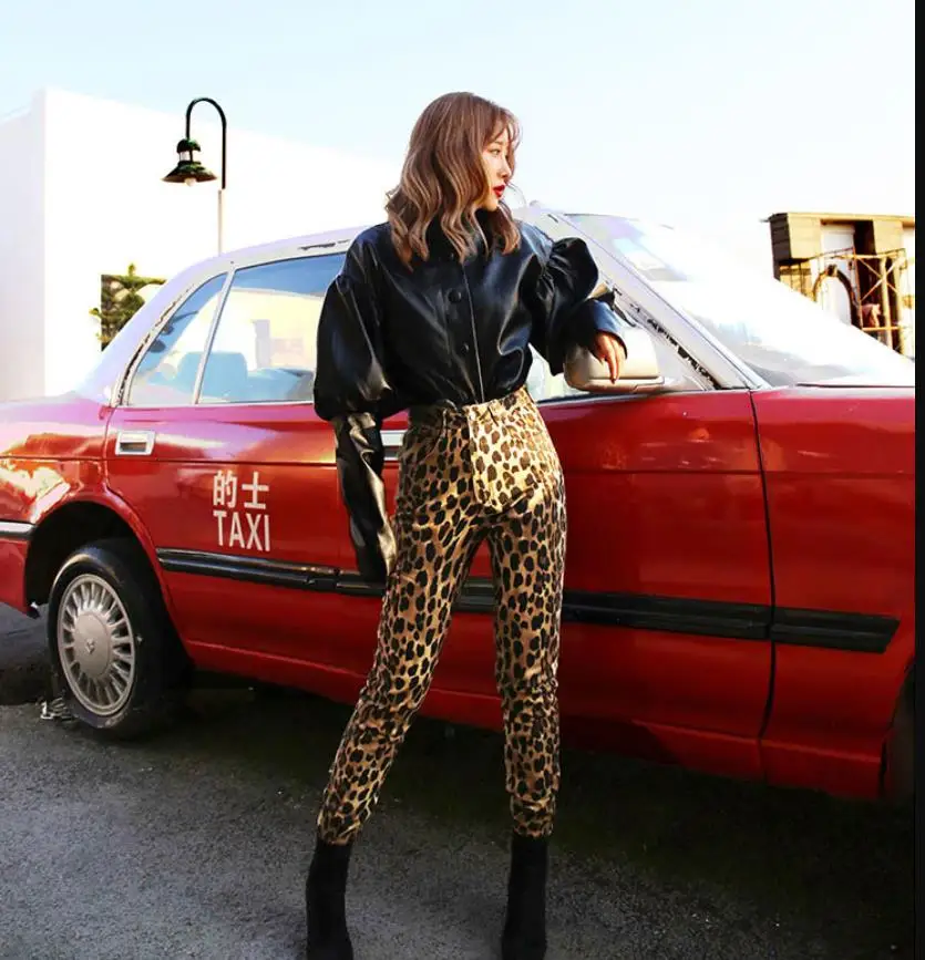

Streetwear Leopard skinny jeans Streetwear female high waist jeans pencil pants fall and winter locomotive pant h467