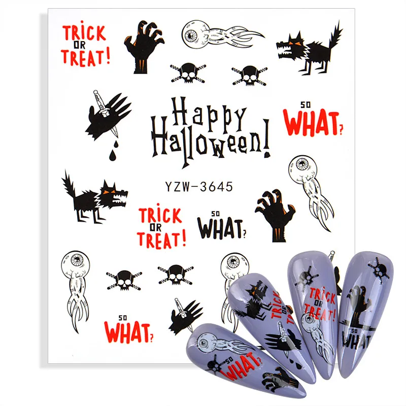 1pc Halloween Water Transfer Nail Art Stickers Decals Nails Decorations Manicure Tools Pumpkin Skull Eyes Devil Wizard Design - купить по