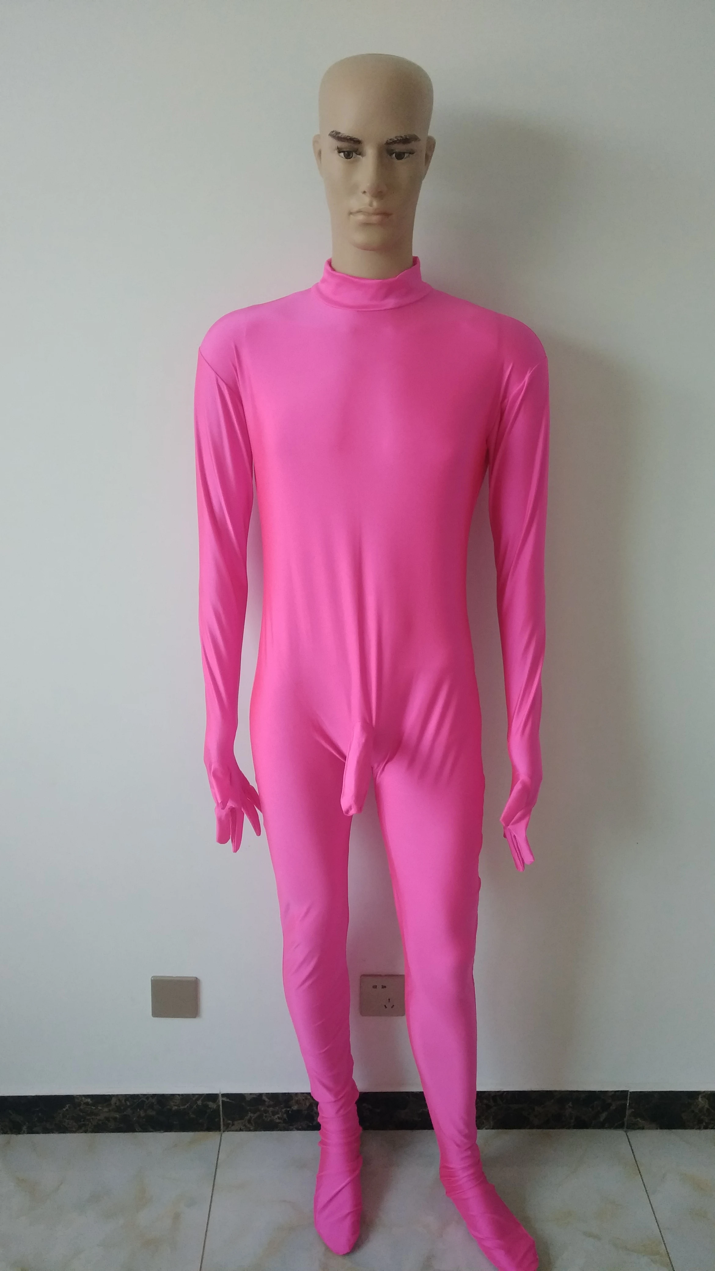 New style pink color Spandex men Unitard Catsuit with Penis sheath removable mask open eyes mouth |