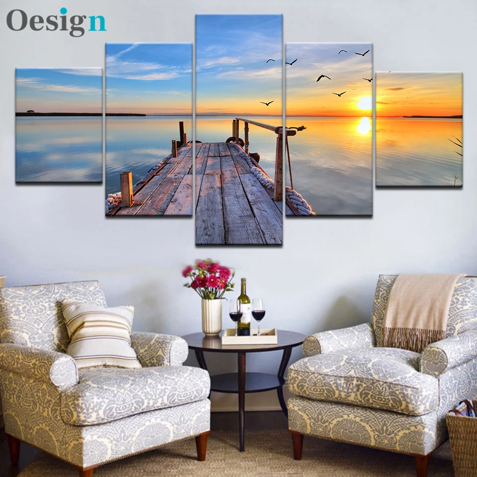 

Canvas HD Prints Pictures Living Room Decor 5 Pieces Seagull Sea View Tableau Paintings Bridge Poster Modular Wall Art Framework
