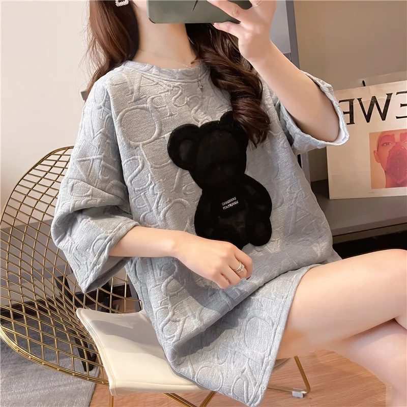 

Western Fashion Bear Short-Sleeved T-Shirt Female 2021 Summer New Harajuku Kawaii Embroidered Appliqué Loose Oversized Clothes