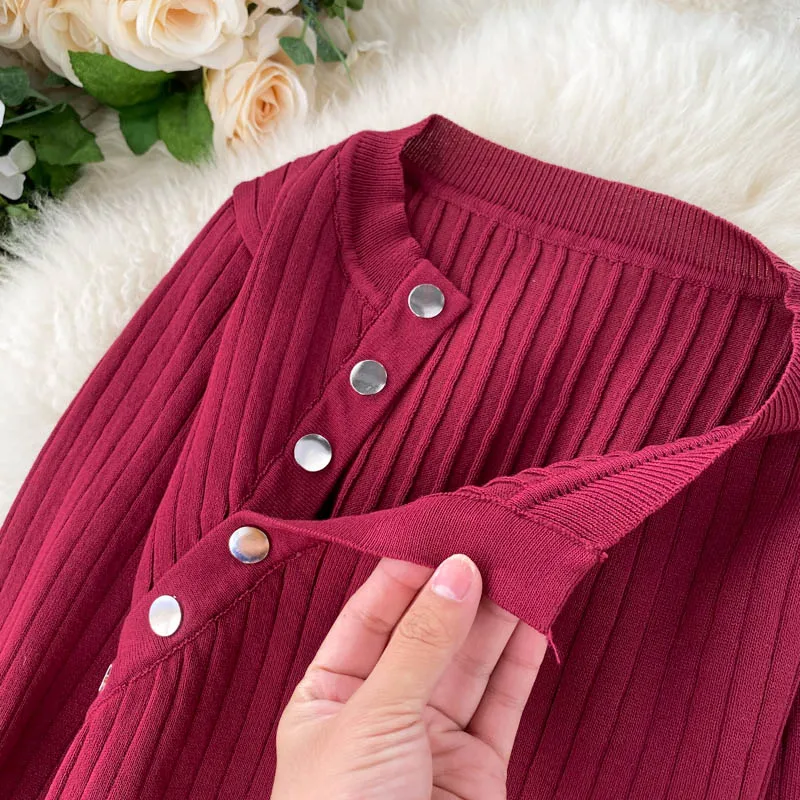 

2020 Slim button split skew collar Pull Femme Autumn Winter Knitted Pullover Sweater Top casual Women thick jumper Sweater