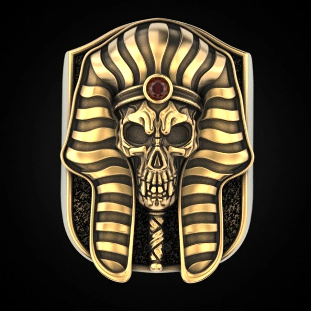 

New fashion vintage Egyptian Pharaoh titanium steel ring, punk style skull and crossbones gold-plated rings, unisex