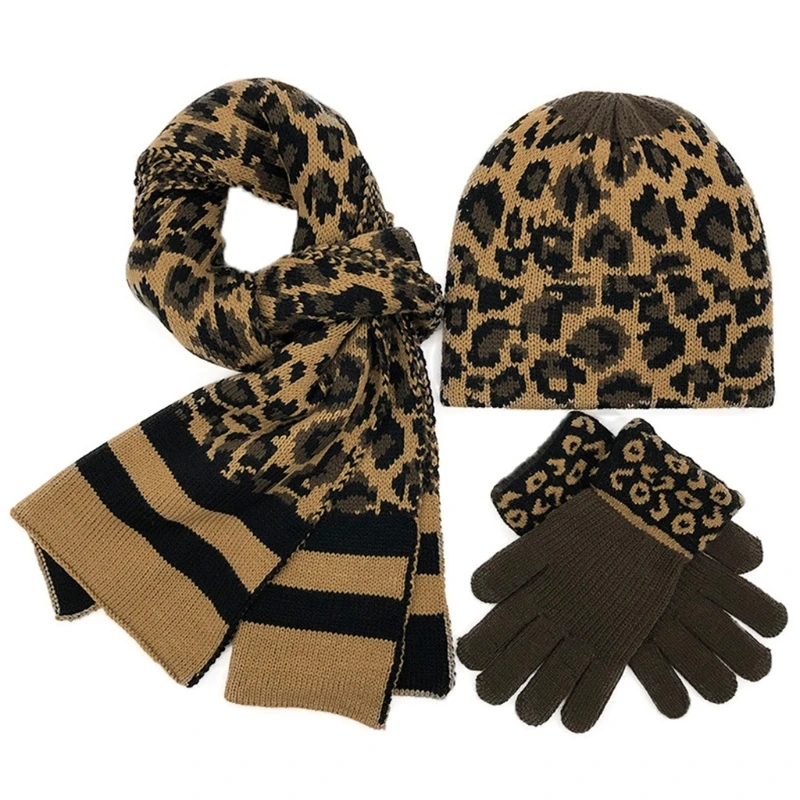 

67JF шапка с леопардовым принтом для девочек, шарф, перчатки, зимняя теплая вязаная шапка, перчатки, набор с длинным шарфом, шапка с черепом, пе...