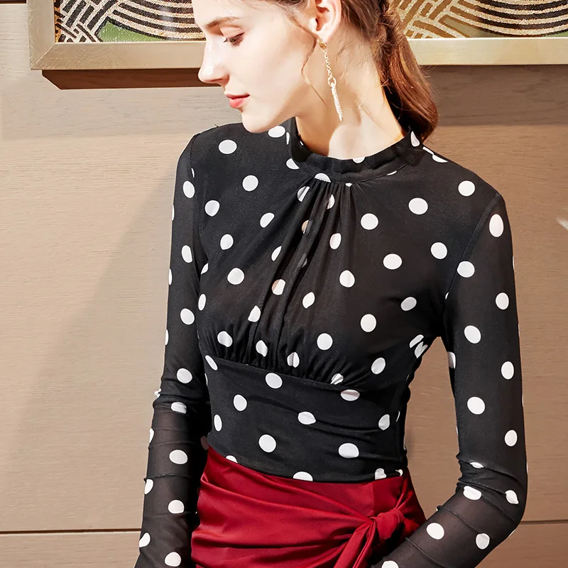 

Autumn Latin Dance Tops Female White Dot Mesh Gauze Long Sleeve Black Shirt Lady Rumba Dance Costumes Salsa Dancewear DQL2801