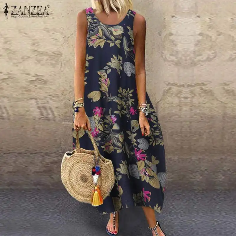 

ZANZEA Women Cotton Linen Dress Vintage Summer Floral Printed Long Dress Sleeveless Sundress Baggy Beach Vestido Sarafans