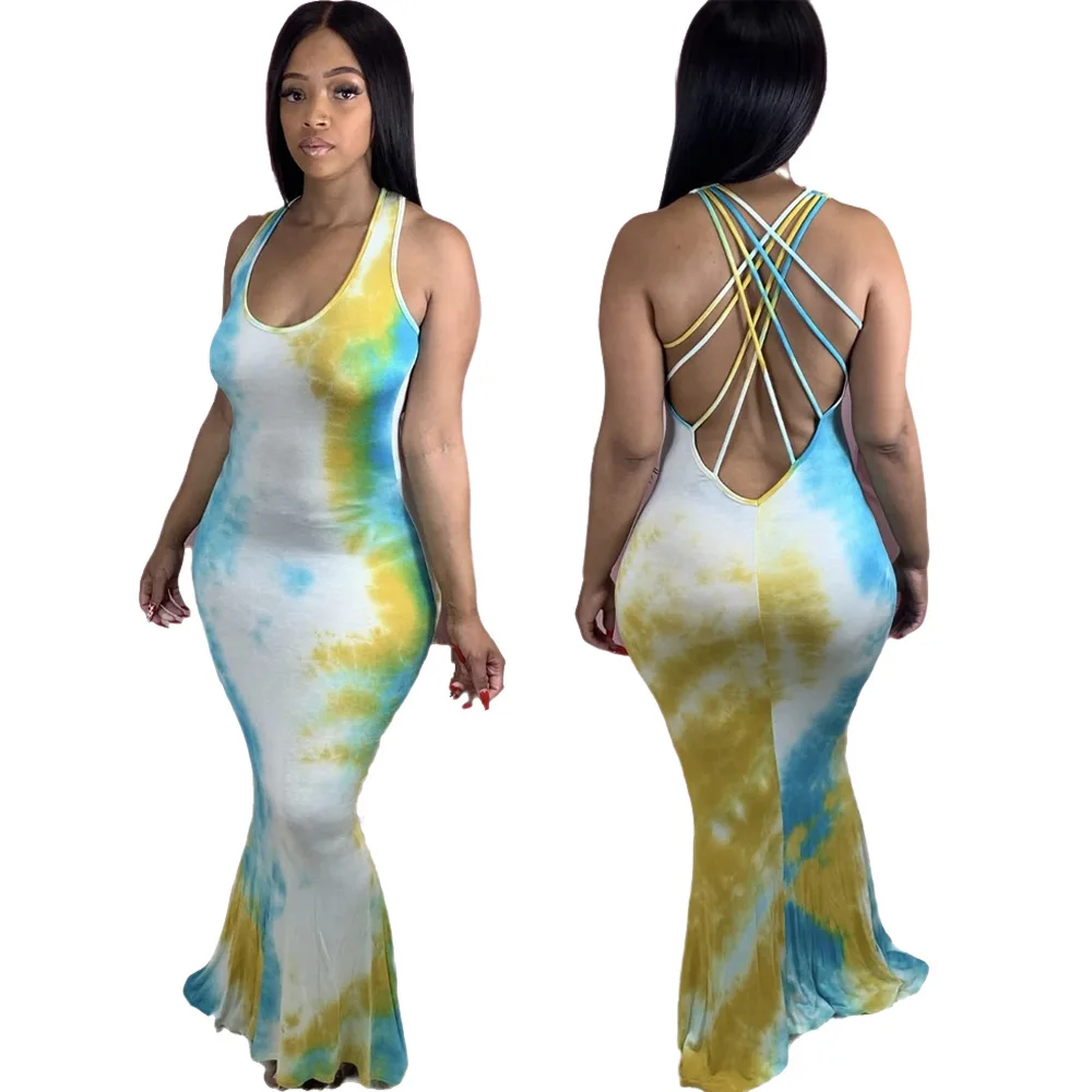 

Sexy Backless Trumpet Dress Women Tank Sleeveless O Neck Long Sundress Tie-Dye Fishtail Mermaid Night Party Clubwear Dresses