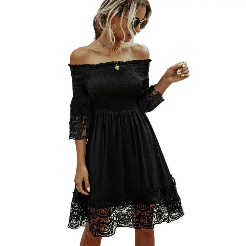 

ZITY Summer Dresses For Women 2020 Slash Neck Lace Dresses Black Backless Solid Midi Sexy Female For Women Sexy Vestidos Clothes