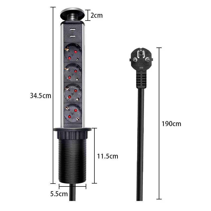 Розетка электрическая KEKA с вилкой европейского стандарта 4 розетки 1 светодиод + 2