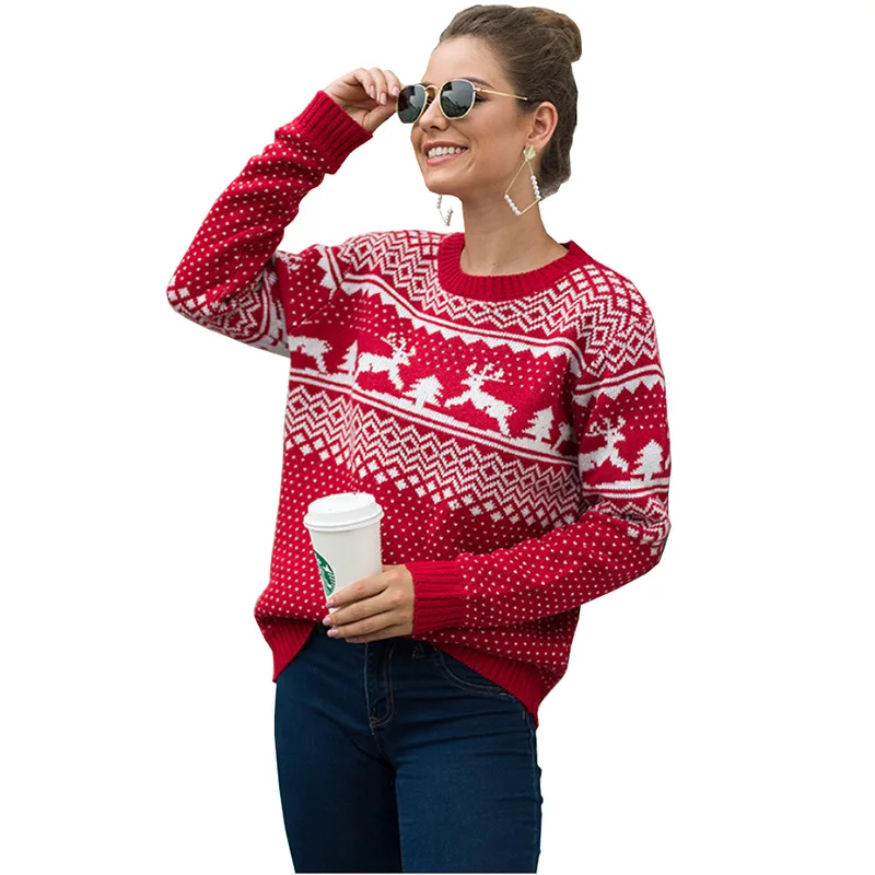 

Ugly Christmas Jumper Sweater Autumn Winter Round Neck Long Sleeve Pullover Fawn Sweaters Tops For Women 2021 Fashion
