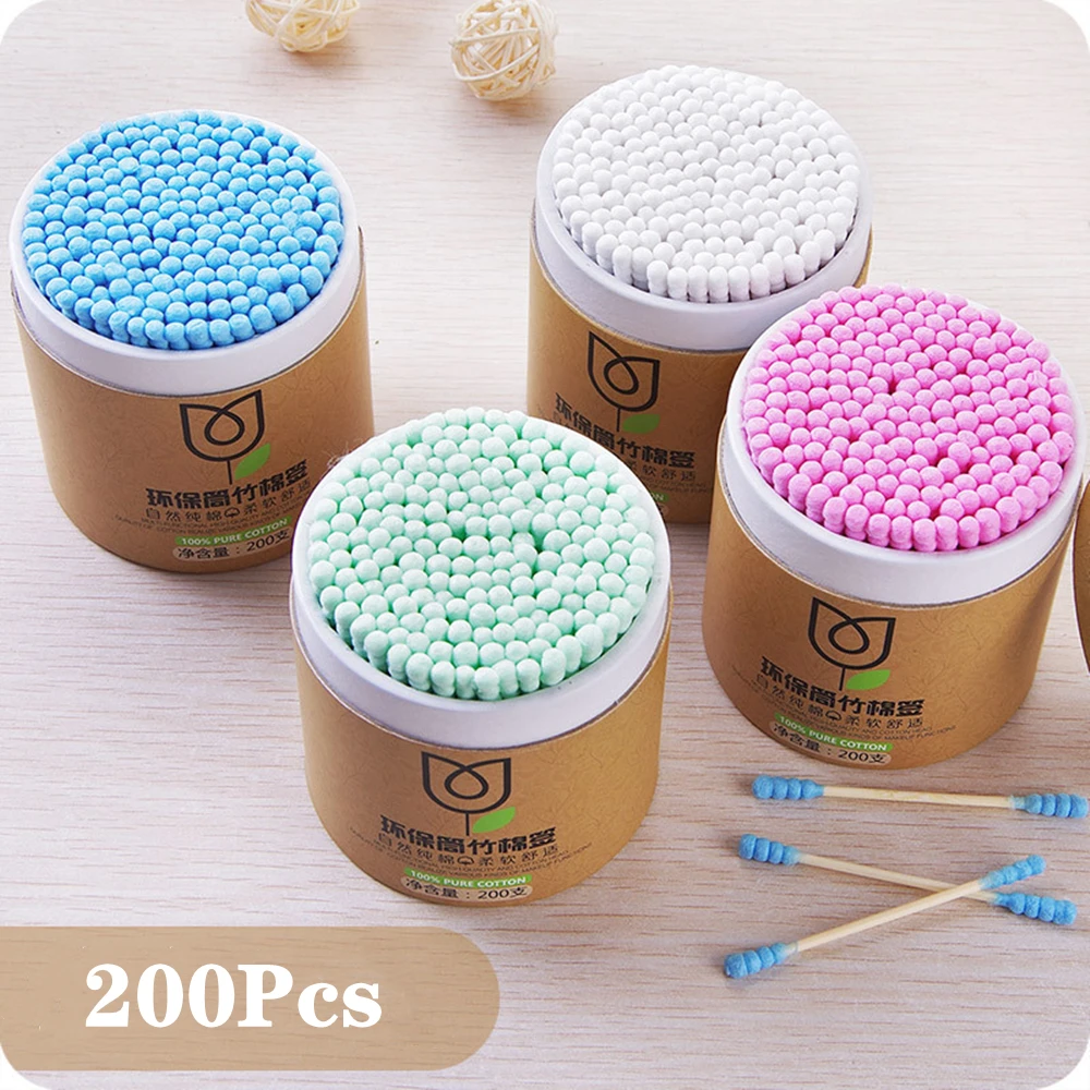 

100/200pcs/Box Bamboo Baby Cotton Swab Wood Sticks Soft Cotton Buds Cleaning of Ears Tampons Cotonete Pampons Health Beauty