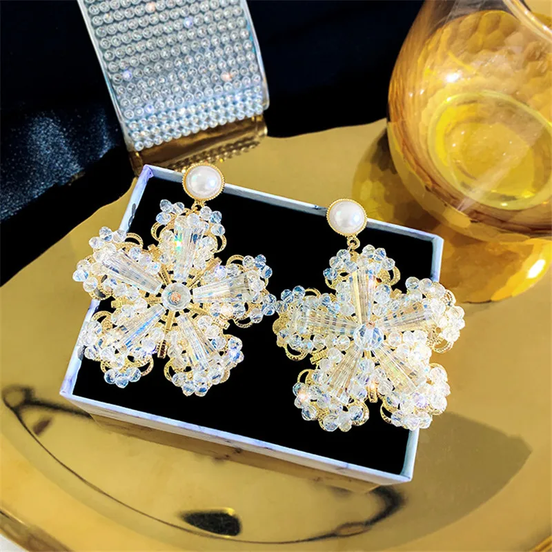 FYUAN, винтажные жемчужные Висячие серьги для женщин, Bijoux, роскошные хрустальные серьги-подвески в форме цветка, массивные вечерние ювелирные изделия